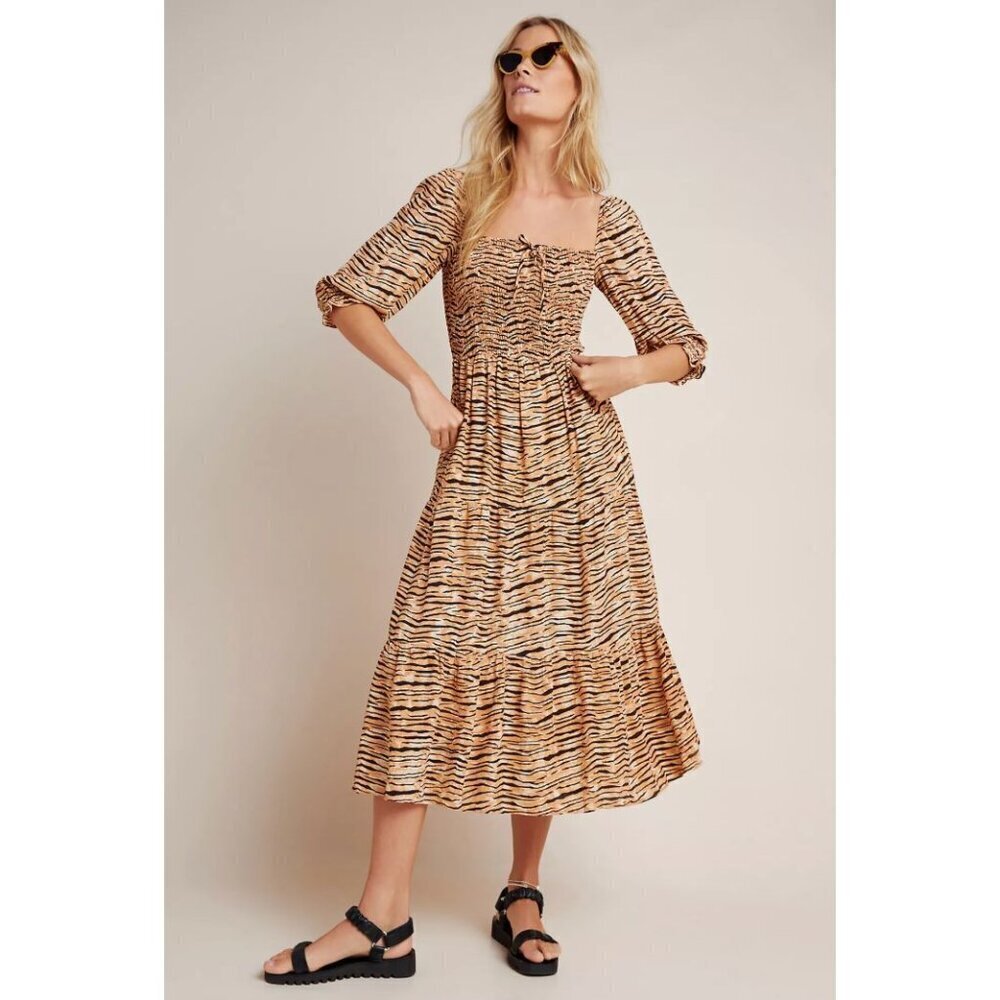 Faithfull the Brand Wyldie Midi Dress Tiger Striped Size 4 or Small Midi Smocked
